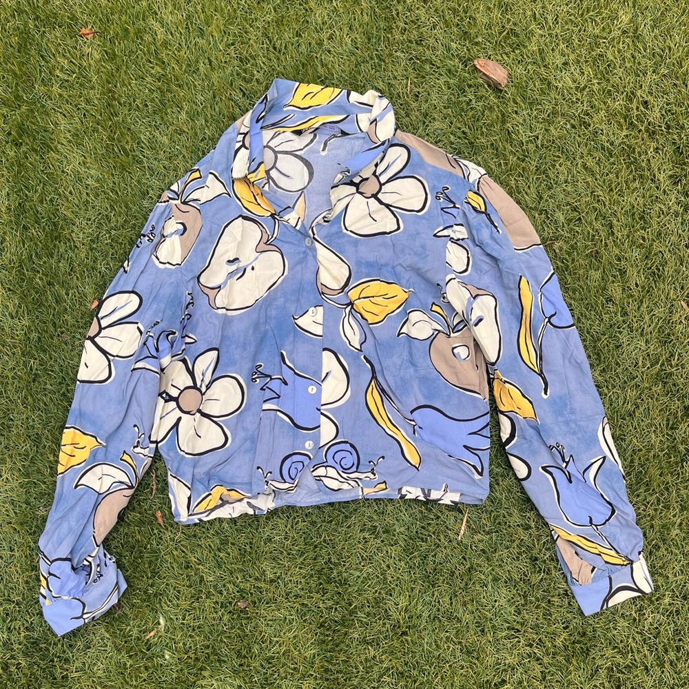 Zara blue button down with yellow flowers and apples
